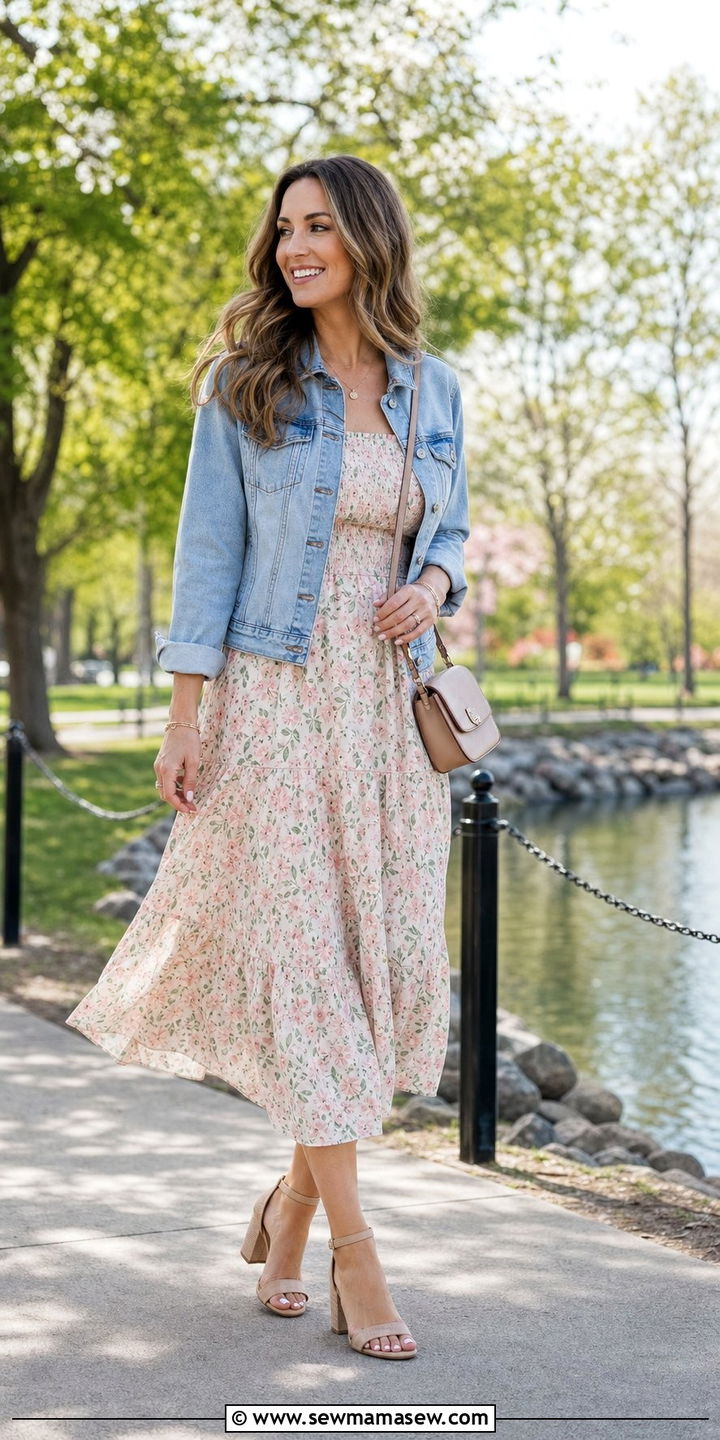 Floral Midi Dress with Denim Jacket Outfit - 25 Spring fashion ideas