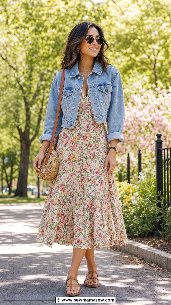 Floral Midi Dress with Denim Jacket Outfit - 25 Spring outfits for women in their 20s
