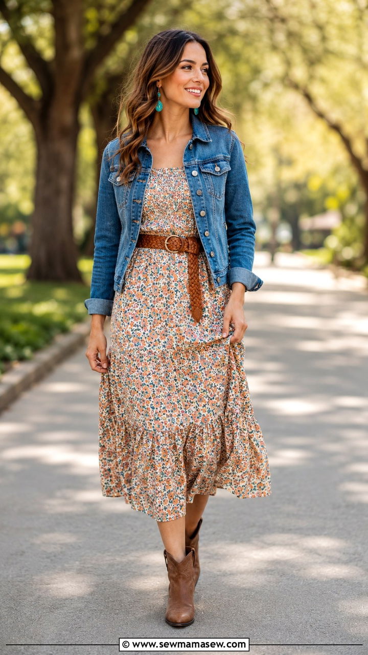Floral Midi Dress with Denim Jacket and Boots - 30 Luke Combs concert outfit ideas