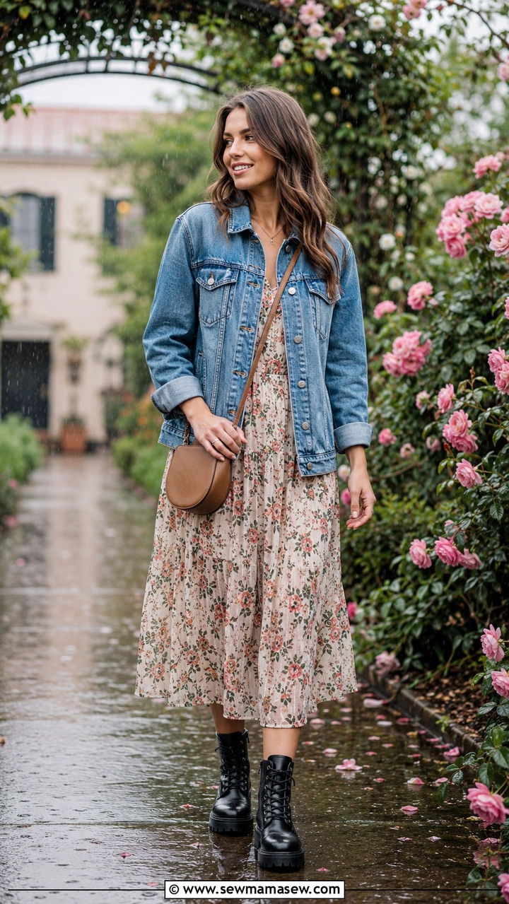 Floral Midi Dress with Denim Jacket and Chunky Boots - 20 rainy day outfits 2026