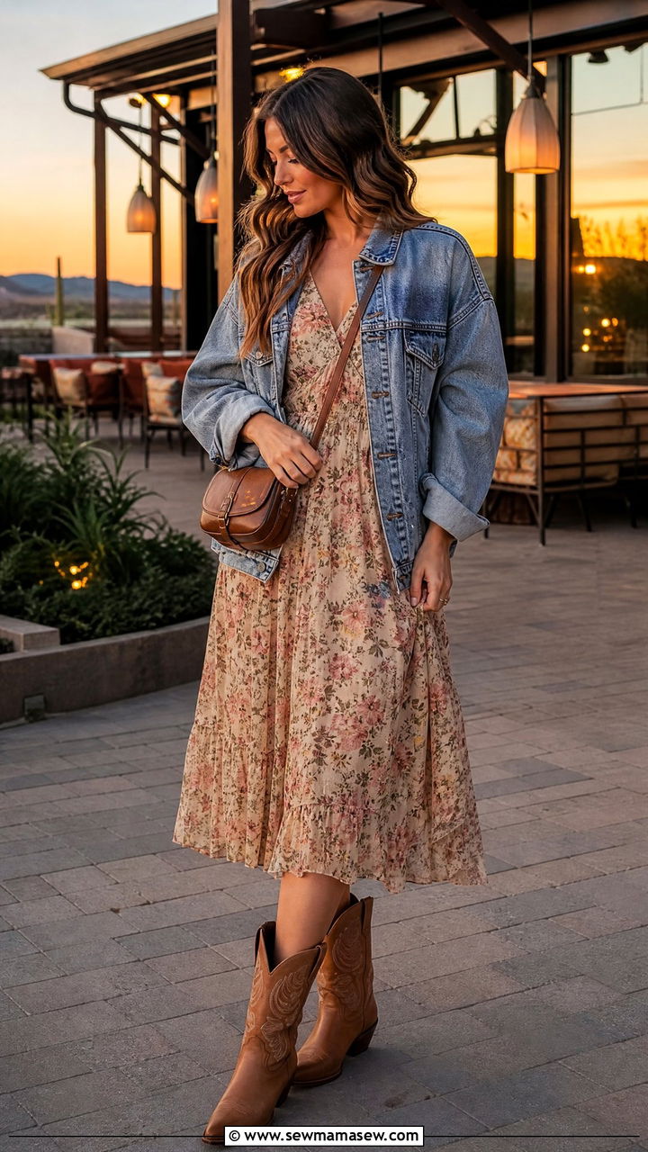 Floral Midi Dress with Denim Jacket and Cowboy Boots - 40 Western outfit ideas