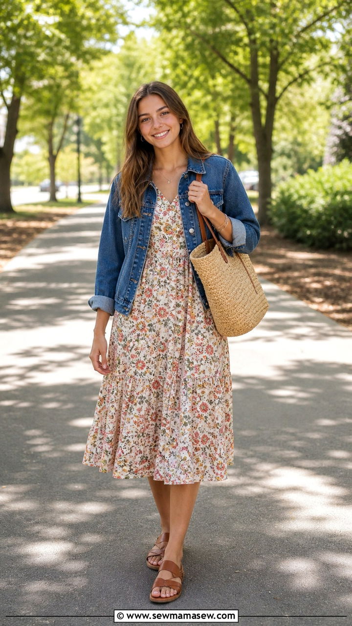 Floral Midi Dress with Denim Jacket and Flat Sandals Outfit - 40 First day of school outfit ideas 2026