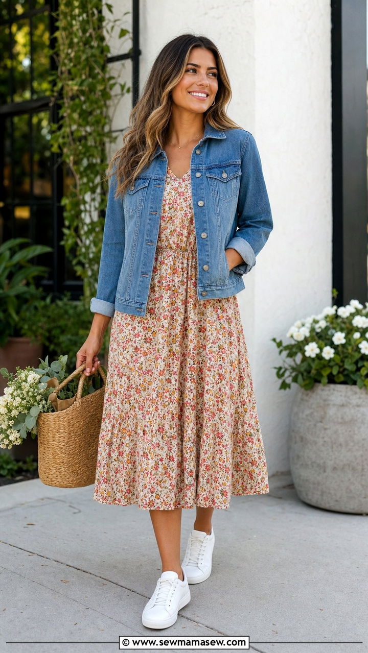 Floral Midi Dress with Denim Jacket and Sneakers - 35 casual midi dress outfits
