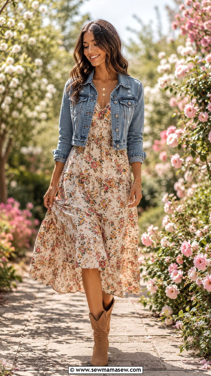 Floral Midi Dress with Denim Jacket and Western Boots - 20 Spring outfits for 45 degree weather