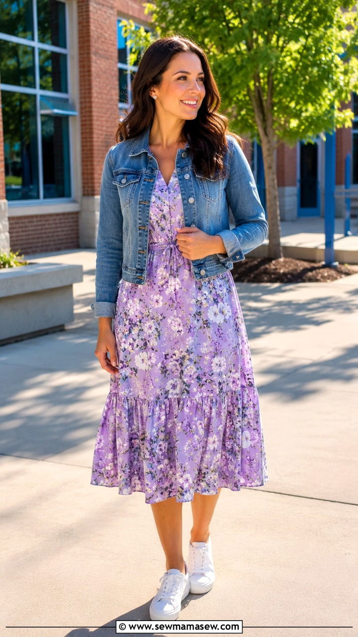 Floral Midi Dress with Denim Jacket and White Sneakers - 30 Spring outfit ideas for teacher