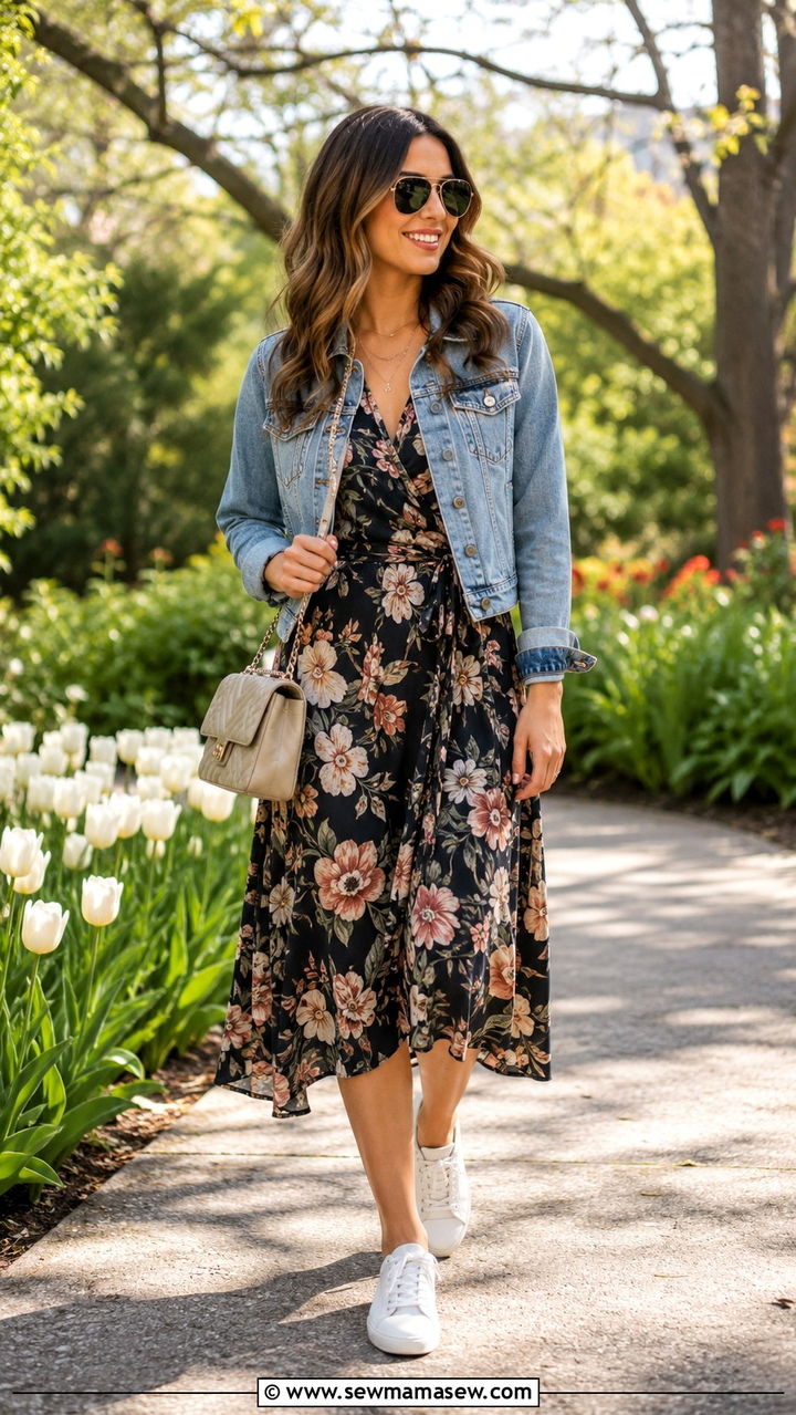 Floral Midi Dress with Denim Jacket and White Sneakers - 30 spring pinterest outfit ideas