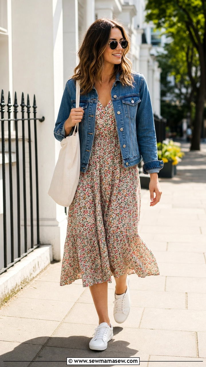 Floral Midi Dress with Denim Jacket and White Sneakers - 25 cute modest classy outfits