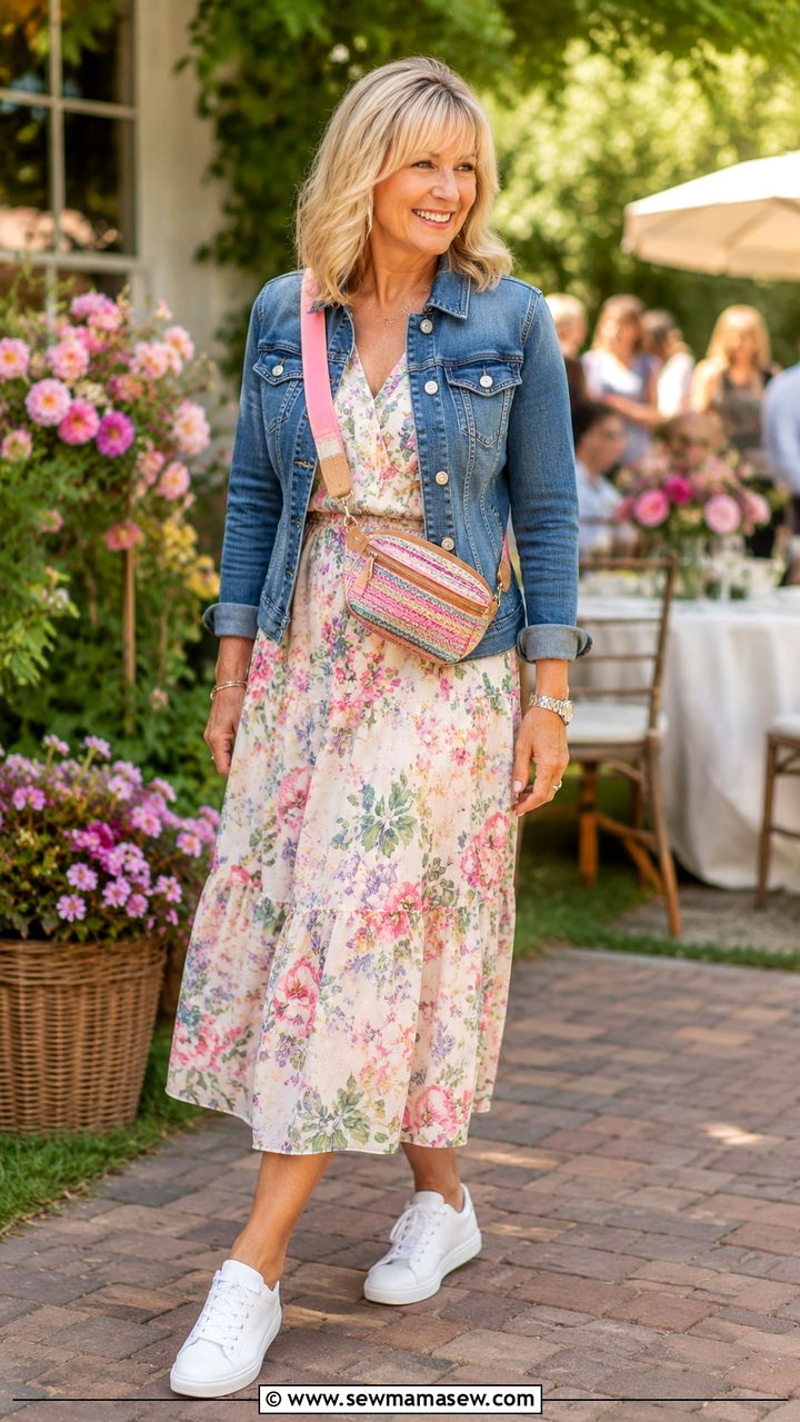 Floral Midi Dress with Denim Jacket and White Sneakers - 25 Weekend outfit ideas for women over 50