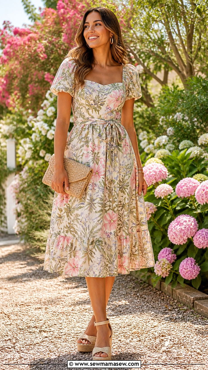 Floral Midi Dress with Espadrille Wedges - 40 Spring garden party outfits