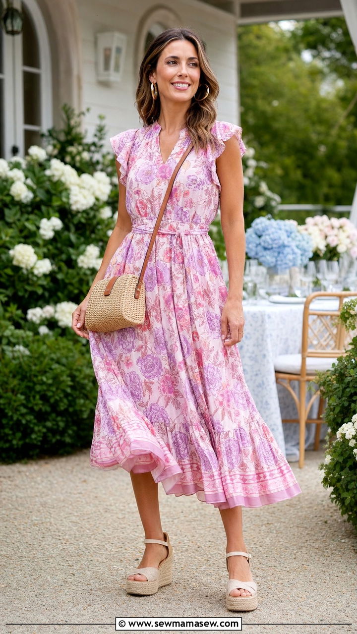 Floral Midi Dress with Espadrille Wedges - 25 Dressy casual summer outfit ideas 2026