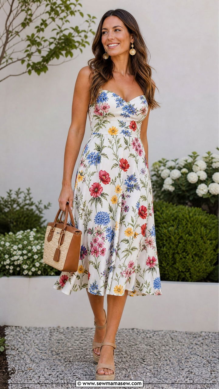 Floral Midi Dress with Espadrille Wedges and a Straw Bag - 35 Memorial Day weekend outfit ideas
