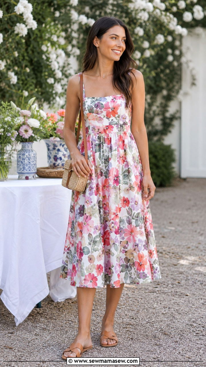 Floral Midi Dress with Flat Sandals - 30 Late June outfit ideas