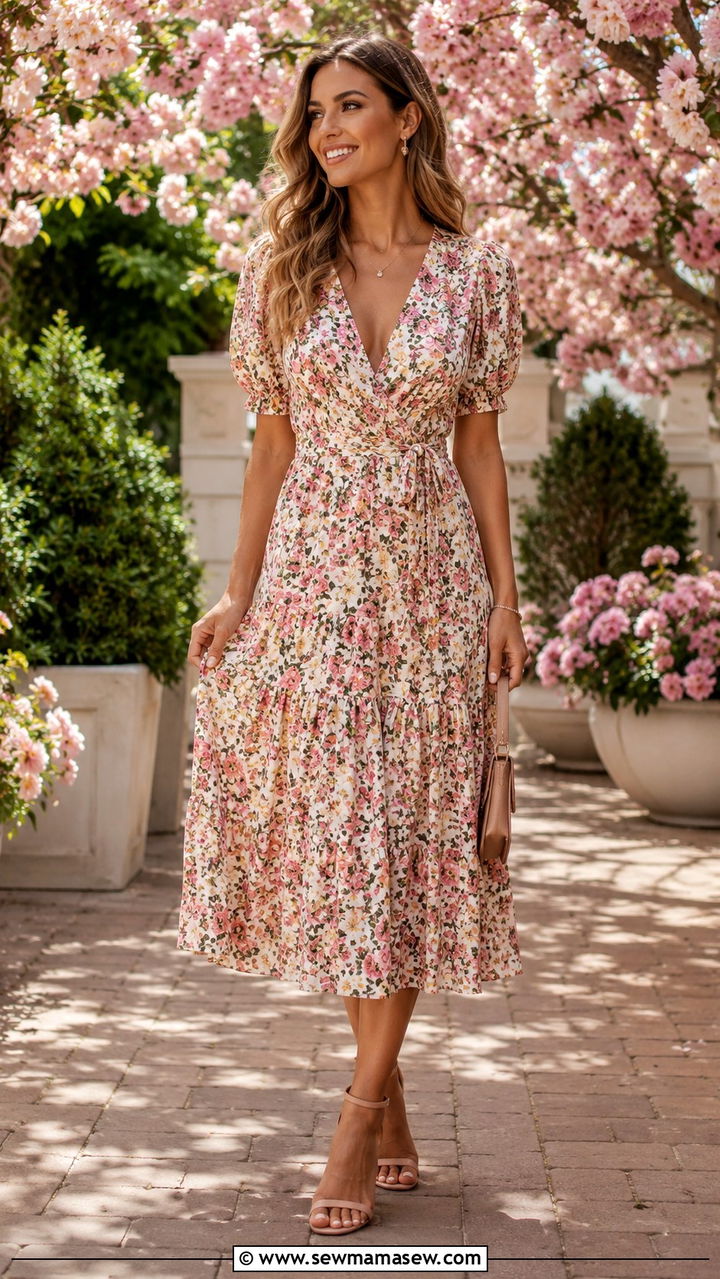 Floral Midi Dress with Heeled Sandals - 30 Romantic spring outfit ideas