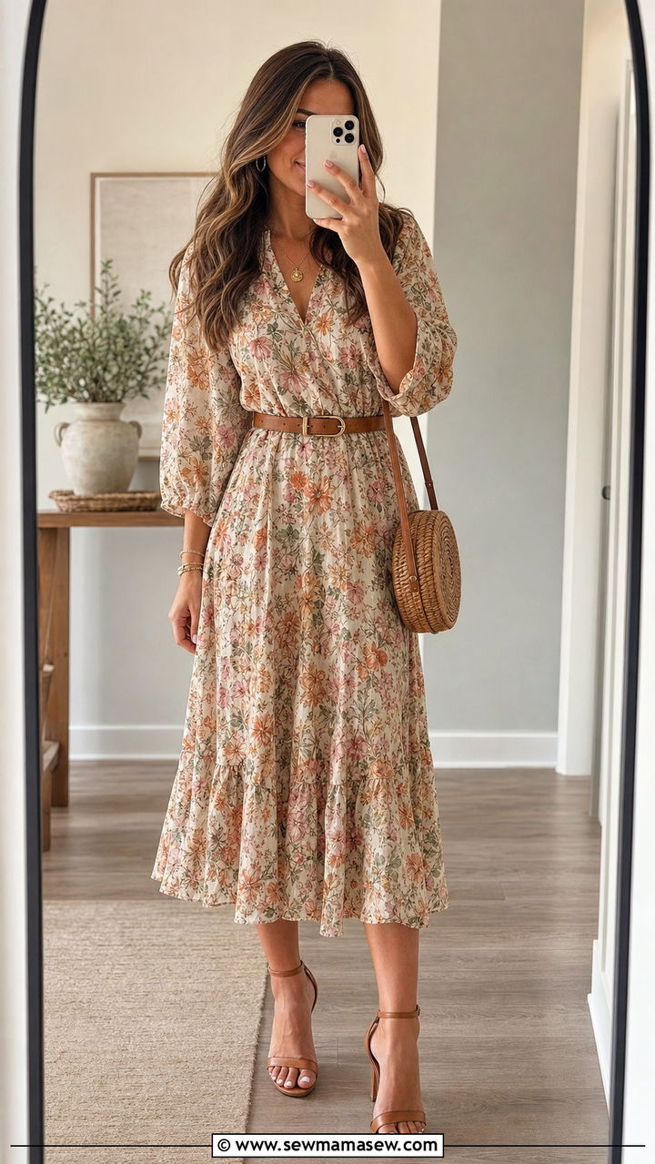 Floral Midi Dress with Leather Belt - 25 Spring outfits with belts