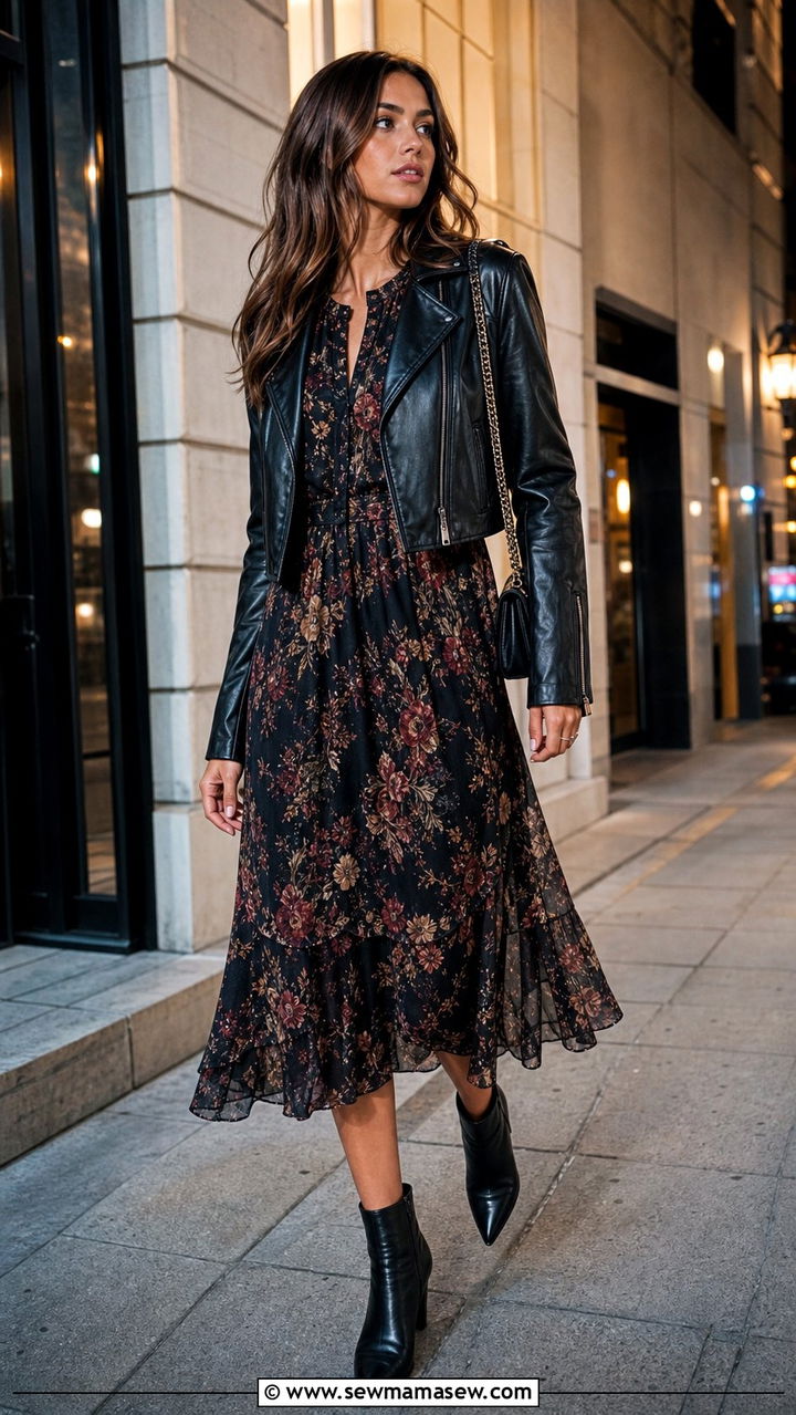 Floral Midi Dress with Leather Jacket Outfit - 25 spring outfits 2026 women trends