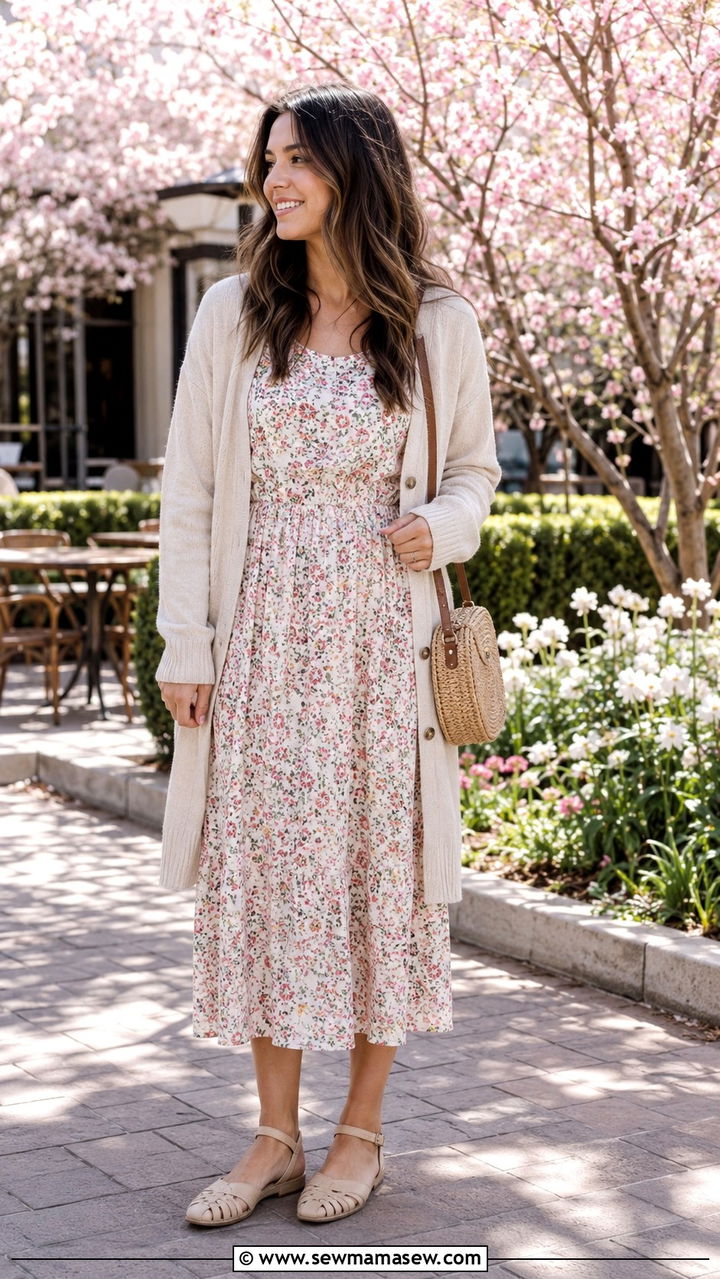 Floral Midi Dress with Light Cardigan - 30 spring outfits for modest women