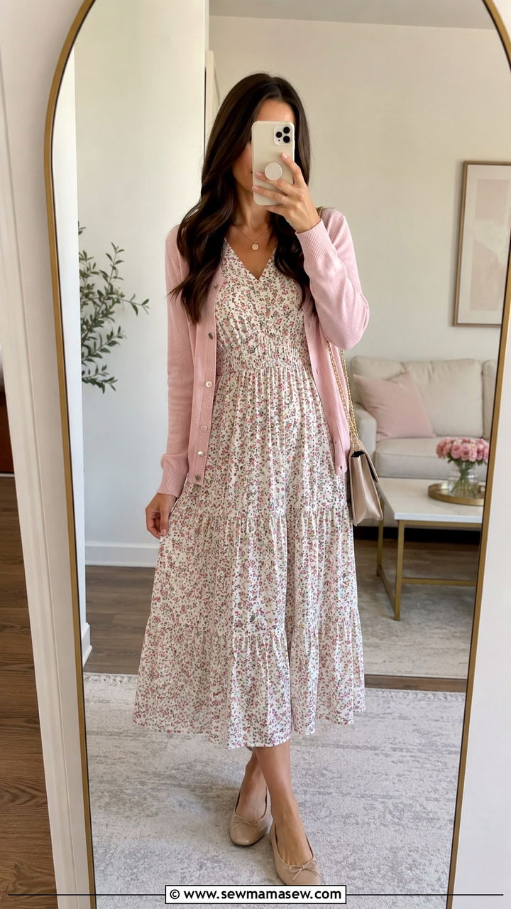 Floral Midi Dress with Lightweight Cardigan - 30 Modest spring outfits