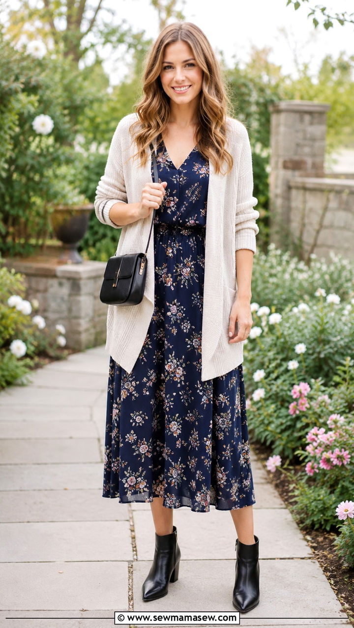 Floral Midi Dress with Lightweight Cardigan and Ankle Boots - 30 spring capsule wardrobe outfit ideas