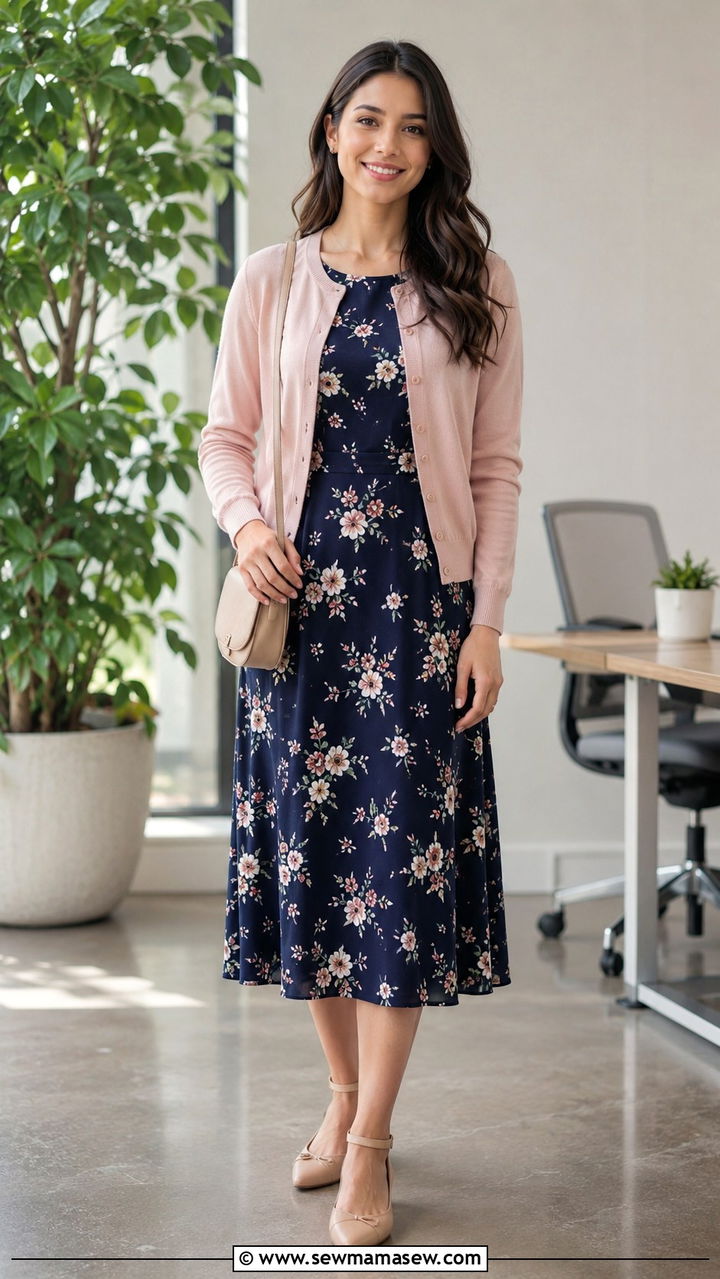 Floral Midi Dress with Lightweight Cardigan and Ankle Strap Flats - 30 Modest outfit ideas for working mom
