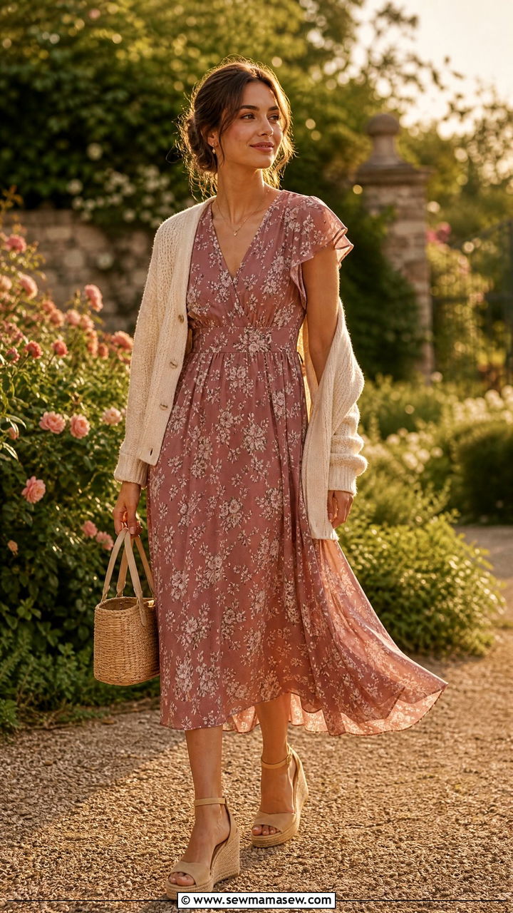Floral Midi Dress with Lightweight Cardigan and Wedge Espadrilles - 35 French girl summer outfit ideas