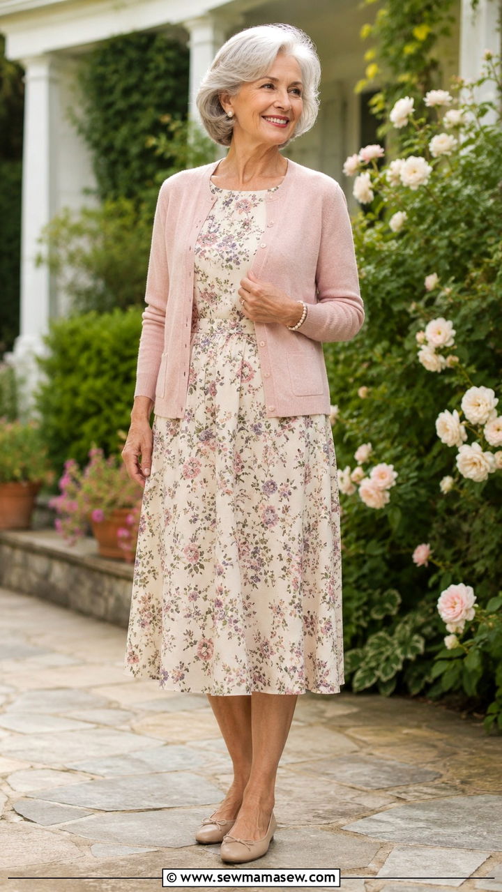 Floral Midi Dress with Lightweight Cardigan - 25 Modest outfit ideas for women over 60