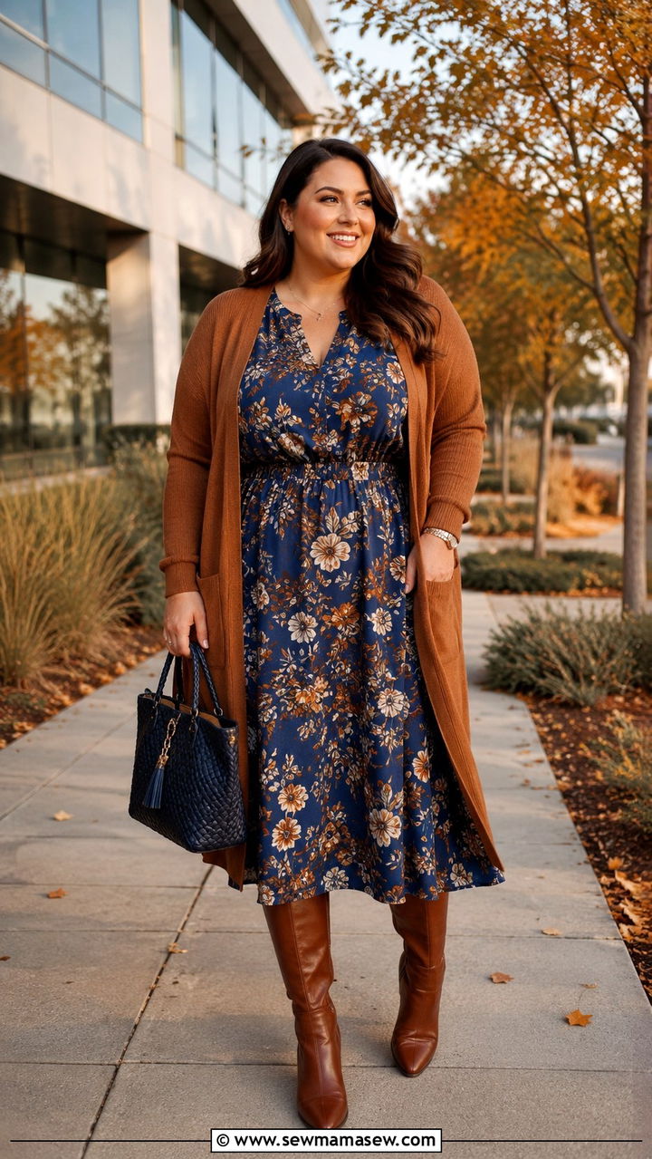 Floral Midi Dress with Longline Cardigan Outfit - 30 plus size office outfit ideas