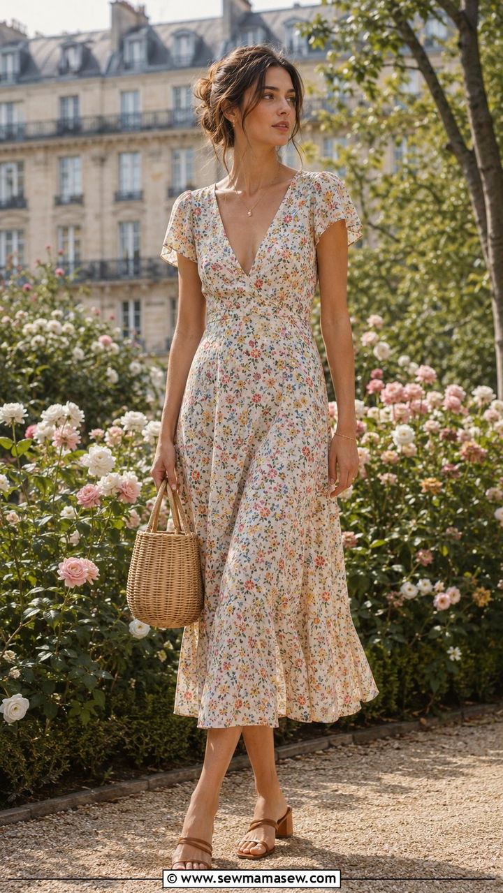 Floral Midi Dress with Low Heel Sandals - 25 Parisian outfits for tall women