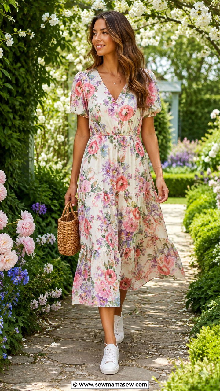 Floral Midi Dress with Low Profile White Sneakers - 30 Spring outfits with white sneakers