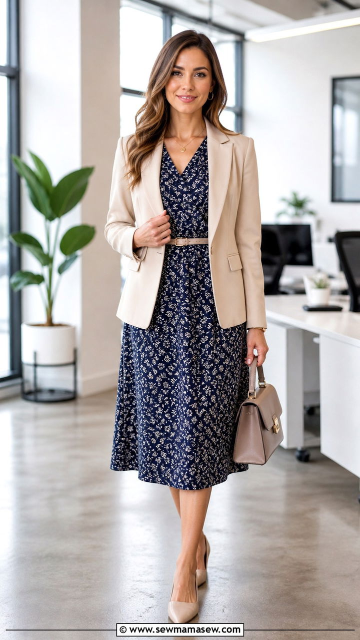 Floral Midi Dress with Neutral Blazer Office Outfit - 40 office outfits for women