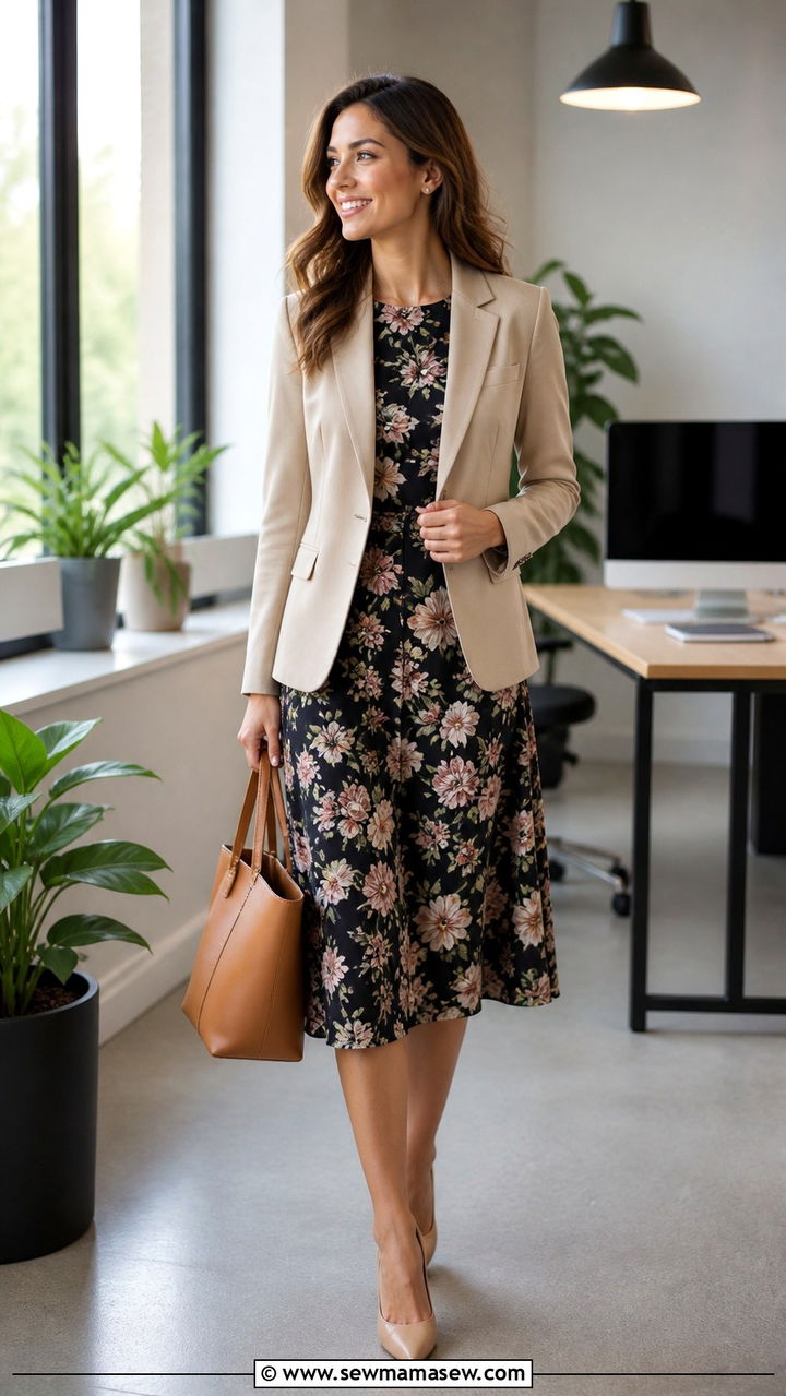 Floral Midi Dress with Neutral Blazer - 40 classy work outfits