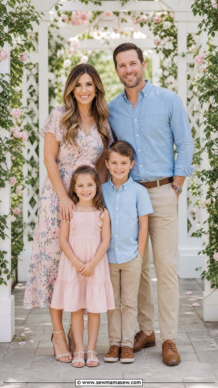 Floral Midi Dress with Neutral Family Coordinating Outfits - 30 summer family photoshoot outfit ideas
