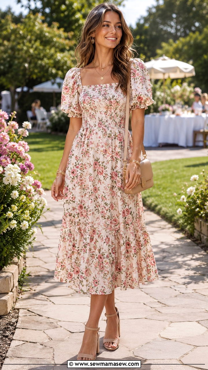 Floral Midi Dress with Nude Block Heels - 30 Graduation party outfits for guests