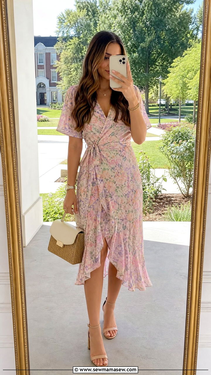 Floral Midi Dress with Nude Sandals - 35 Graduation outfits for guests