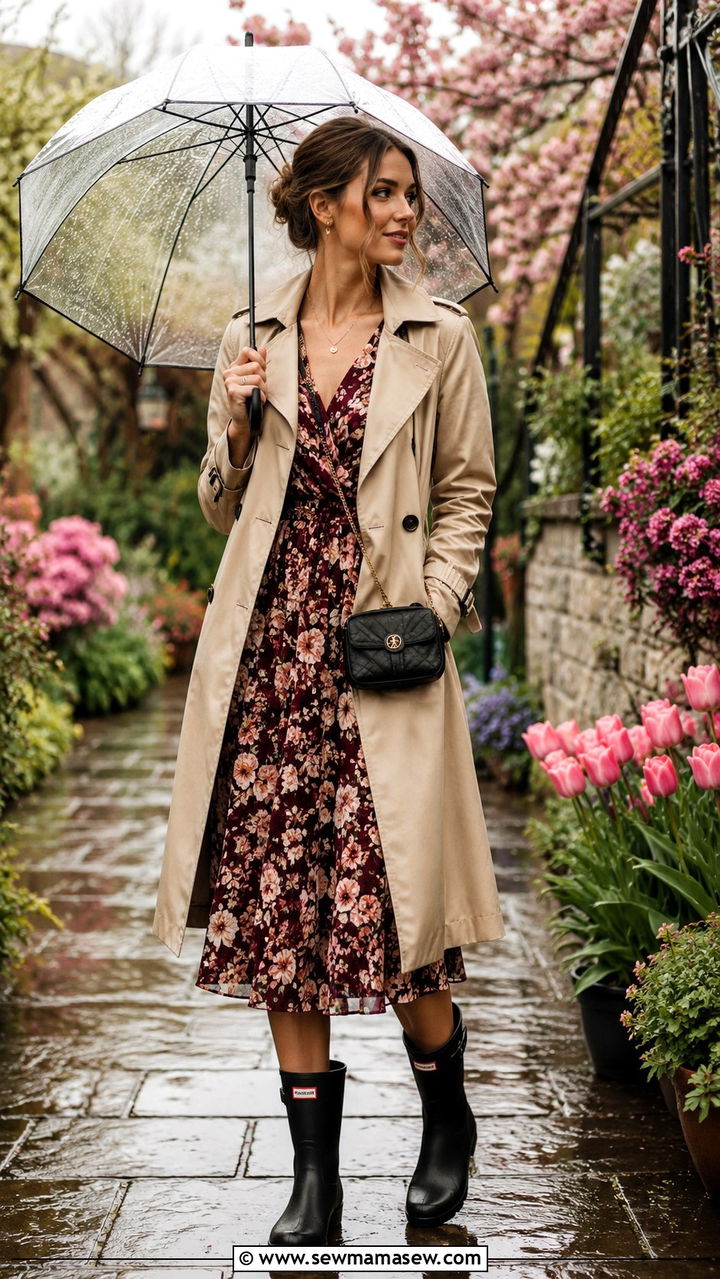 Floral Midi Dress with Rain Boots and Trench Coat - 30 classy rainy day outfits