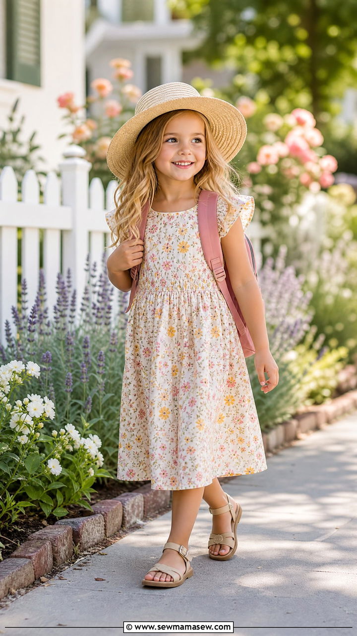 Floral Midi Dress with Sandals - 25 First day of kindergarten outfit ideas