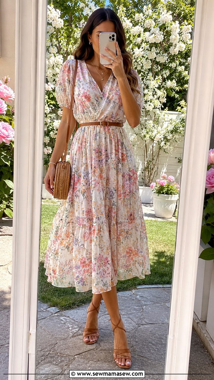 Floral Midi Dress with Skinny Belt - 20 spring outfits with skinny belt