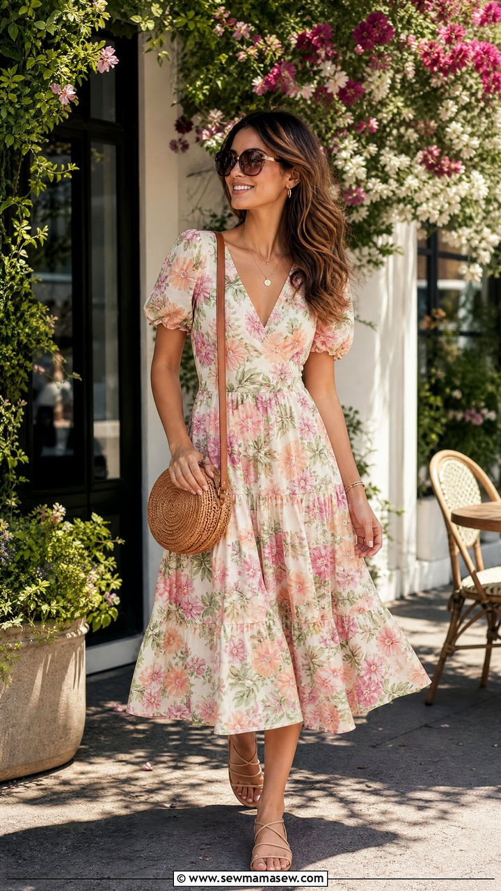 Floral Midi Dress with Strappy Flat Sandals - 25 Brunch outfit ideas with sandals