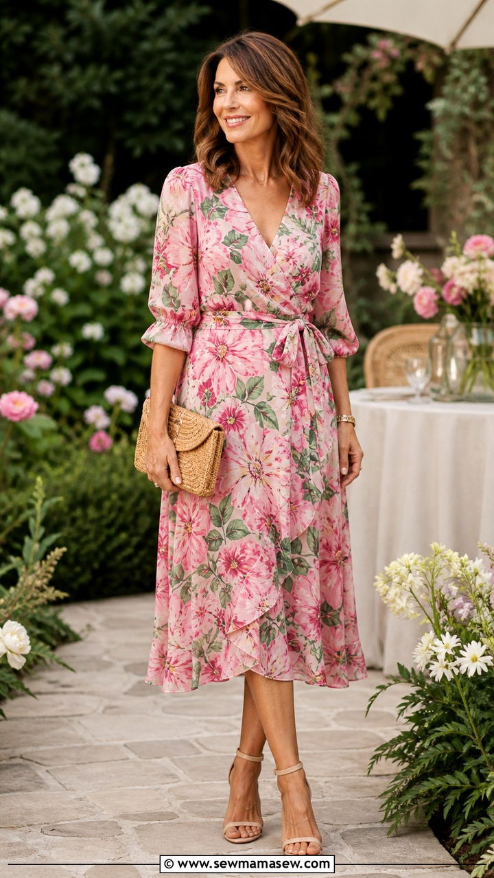 Floral Midi Dress with Strappy Heeled Sandals - 20 40 year old woman outfit ideas