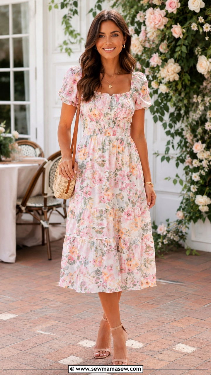 Floral Midi Dress with Strappy Sandals - 25 Baby shower brunch outfit ideas