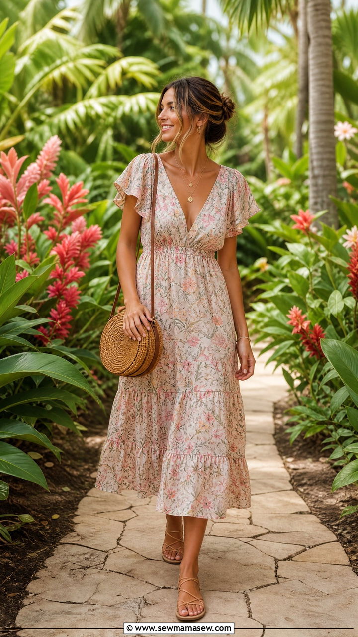 Floral Midi Dress with Strappy Sandals - 35 Hawaii vacation outfits