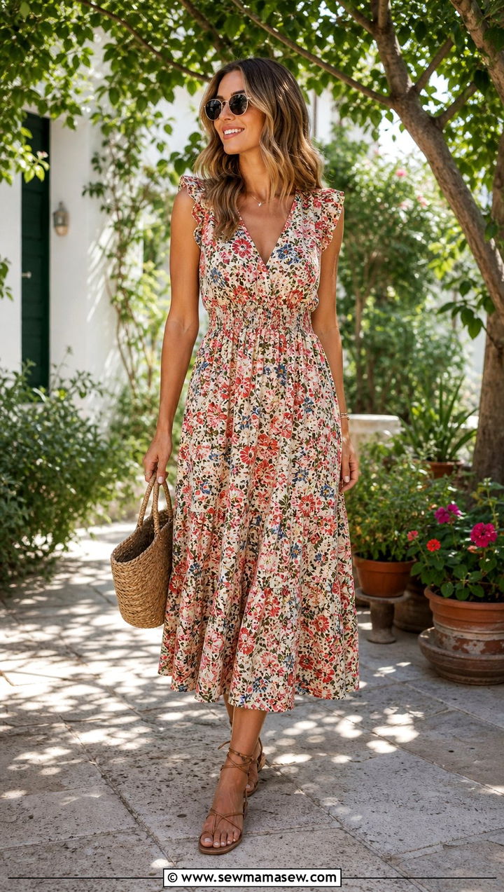 Floral Midi Dress with Strappy Sandals - 25 spring to summer outfits Pinterest