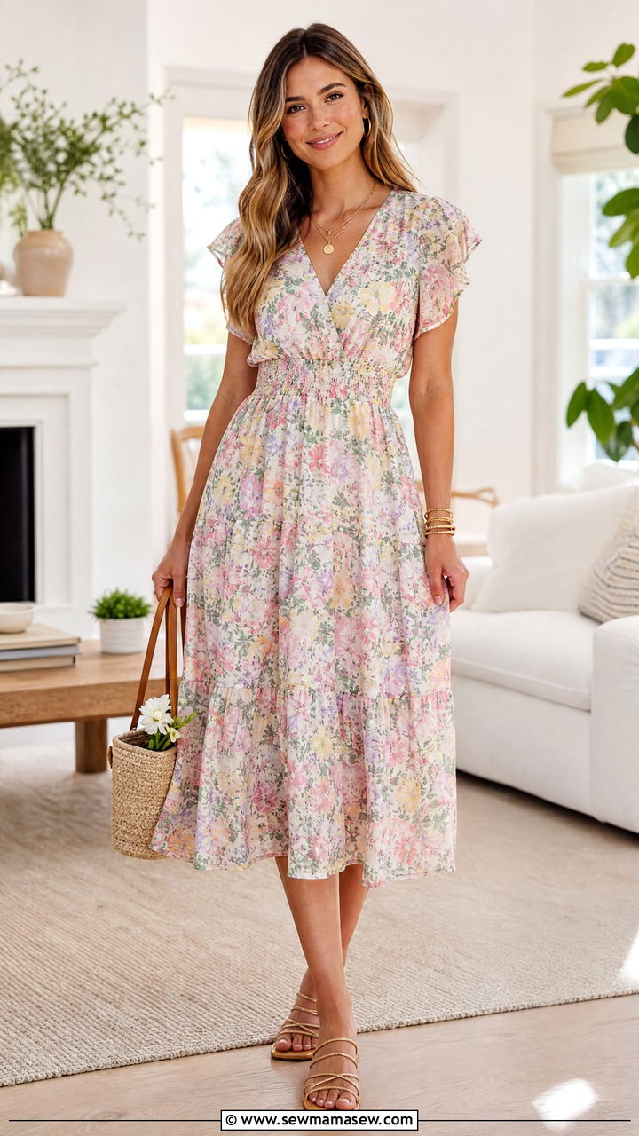 Floral Midi Dress with Strappy Sandals - 35 Housewarming party outfits