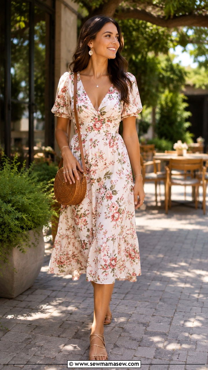 Floral Midi Dress with Strappy Sandals - 30 Graduation brunch outfit ideas