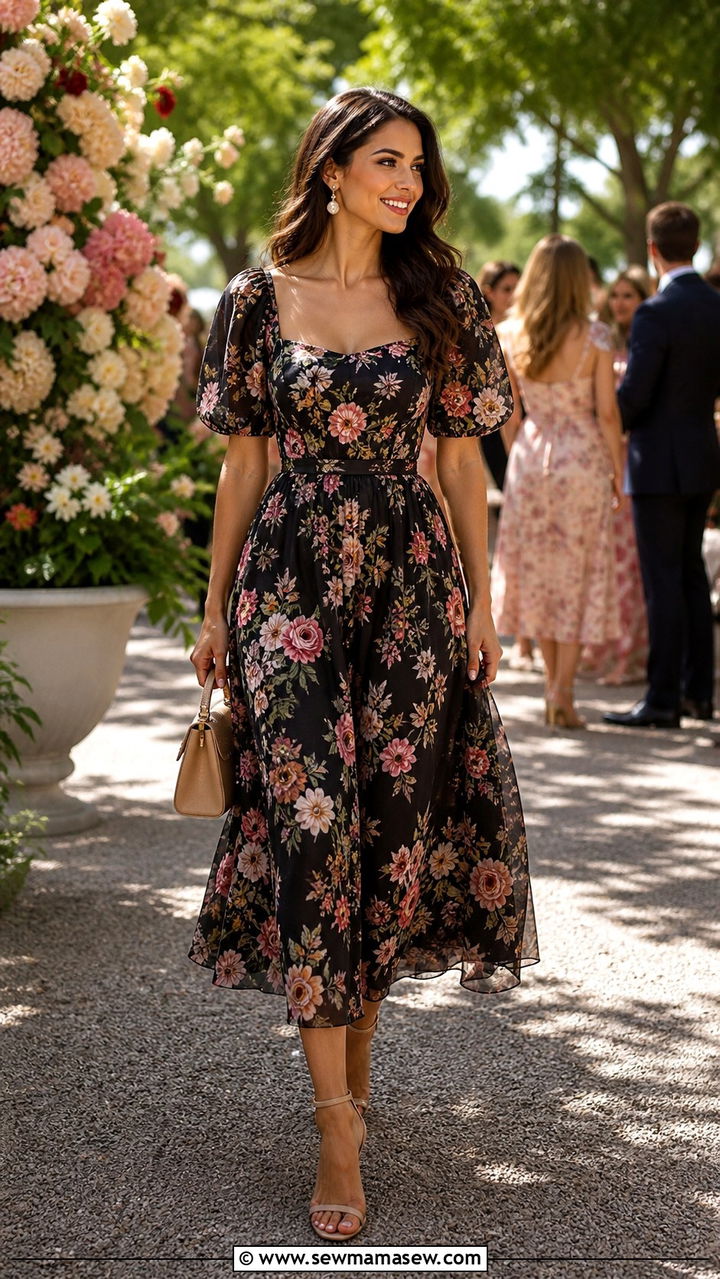 Floral Midi Dress with Strappy Sandals - 20 30th birthday outfit ideas