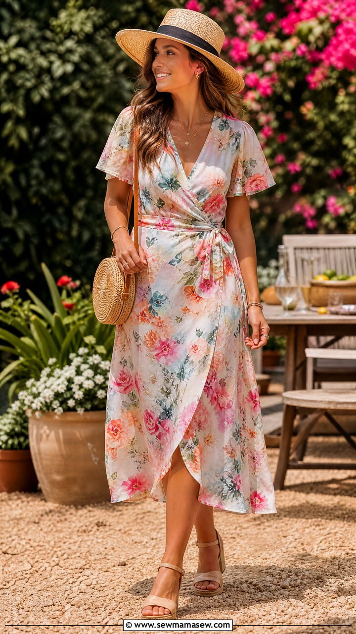 Floral Midi Dress with Straw Accessories - 30 summer modest outfit ideas