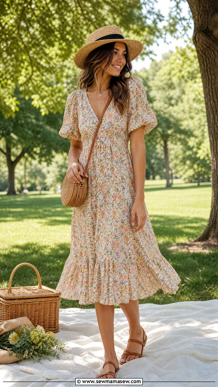 Floral Midi Dress with Straw Hat and Flat Sandals - 30 summer picnic outfit ideas