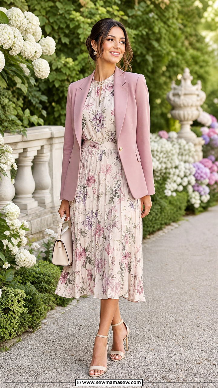 Floral Midi Dress with Structured Blazer Outfit - 30 modest classy outfits ideas