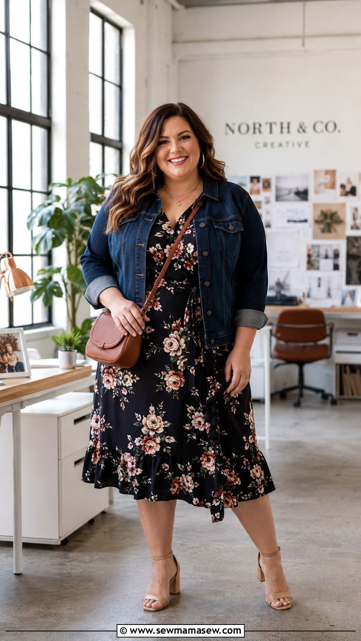 Floral Midi Dress with Structured Denim Jacket - 30 Plus size corporate outfit ideas