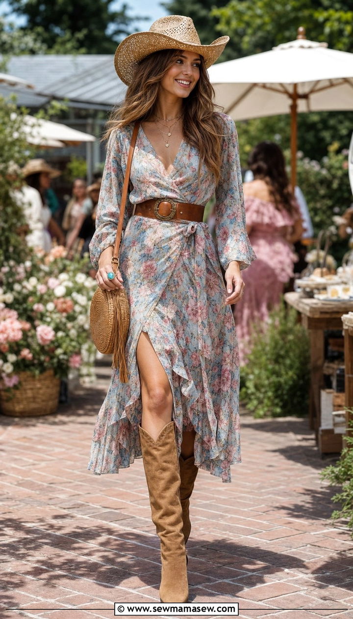 Floral Midi Dress with Suede Boots - 25 coastal cowgirl outfits inspo