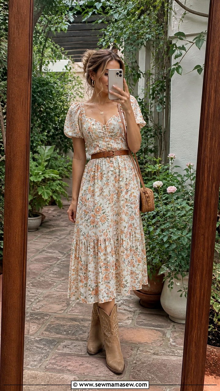 Floral Midi Dress with Tan Cowboy Boots - 40 western outfits for women